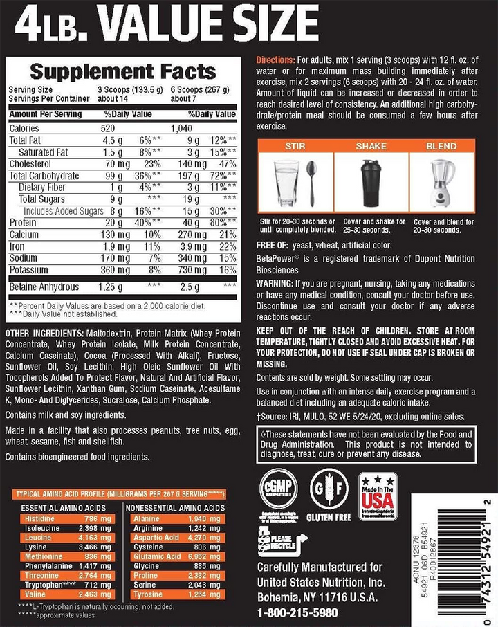 Mass Gainer, Chocolate Back packaging with Nutritional Facts