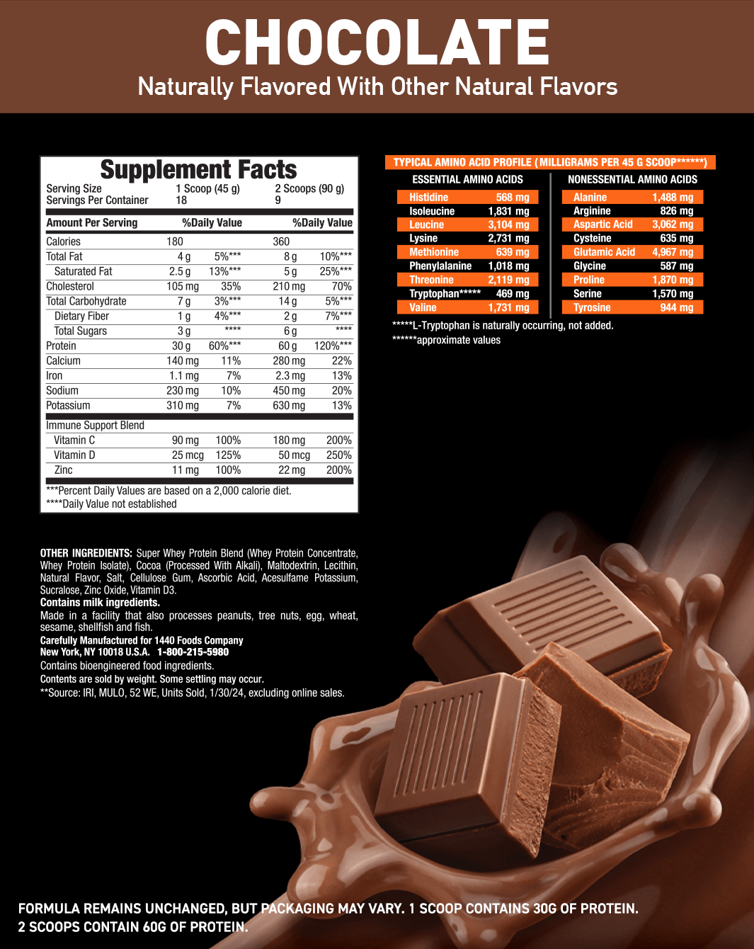 Super Advanced Whey Protein Powder, Chocolate Naturally Flavored with other natural flavors; Nutritional Facts Panel; Formula remains unchanged, but packaging may vary. 1 scoop contained 30G of protein. 2 scoops contain 60G of protein. 