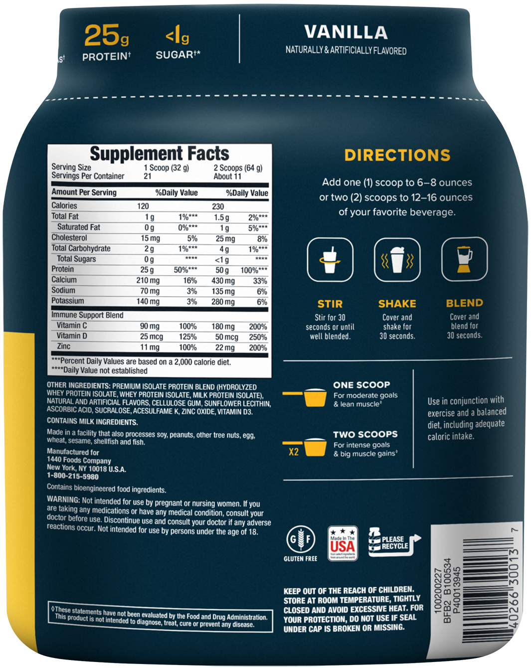 100% Isolate, Easy to Digest Protein Powder, Vanilla - Nutritional Panel
