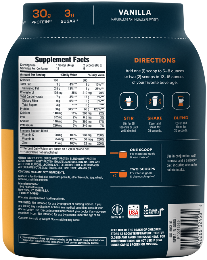 100% Whey, Premium Protein Powder, Vanilla - Nutritional Panel
