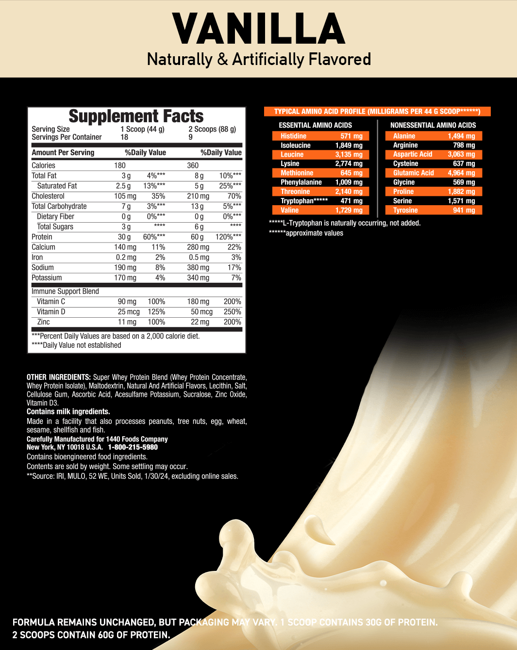 Super Advanced Whey, Premium Protein Powder, Vanilla Naturally Flavored with other natural flavors; Nutritional Facts Panel; Formula remains unchanged, but packaging may vary. 1 scoop contained 30G of protein. 2 scoops contain 60G of protein.