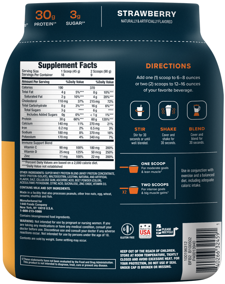 100% Whey, Premium Protein Powder, Strawberry - Nutritional Panel