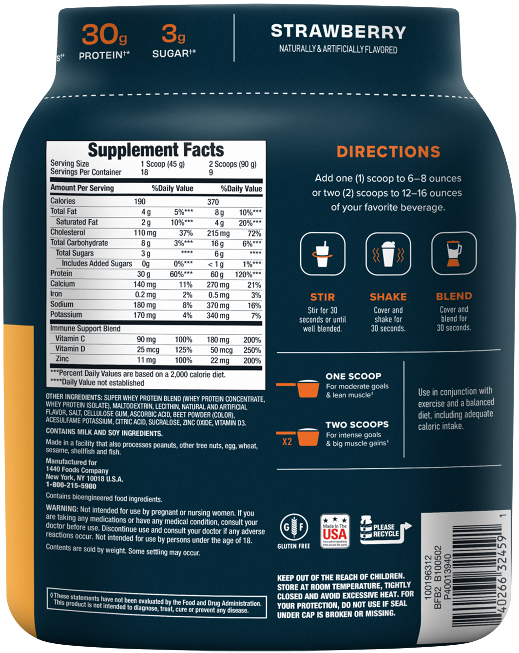 100% Whey, Premium Protein Powder, Strawberry - Nutritional Panel