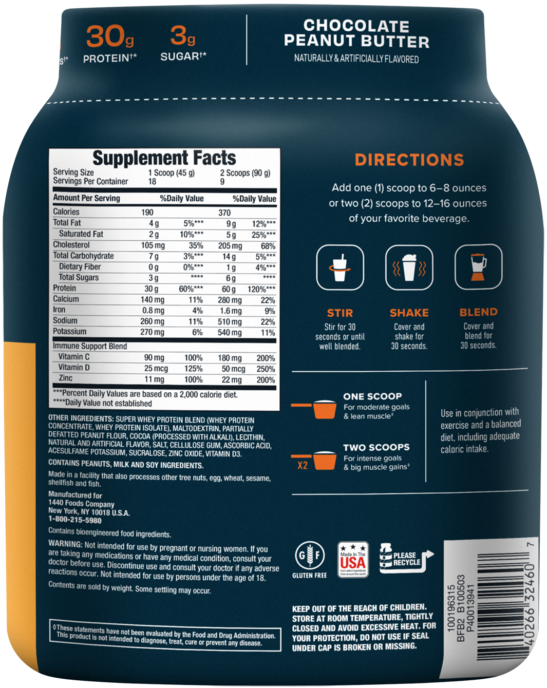 100% Whey, Premium Protein Powder, Chocolate Peanut Butter - Nutritional Panel